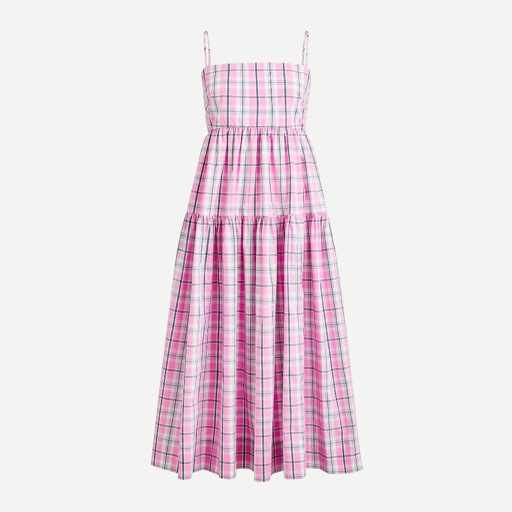 New! J.Crew sz 6 Tie Back Tiered Poplin Dress Pink Violet Plaid NWT